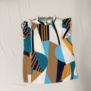 SHEIN Geometric Print Blouse - Blue, White, Brown, Orange